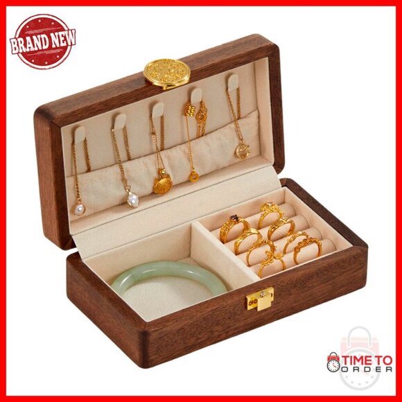 Jewelry - Wooden Travel Jewelry Box With Lock Velvet Lined Organizer For Rings Earrings
